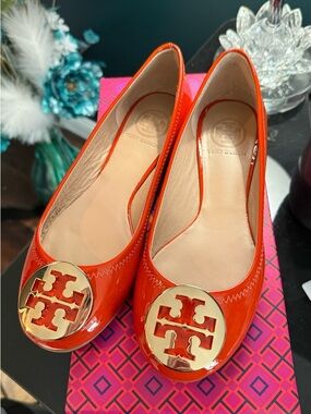 Tory Burch Orange Patent Leather Logo Ballet Flats